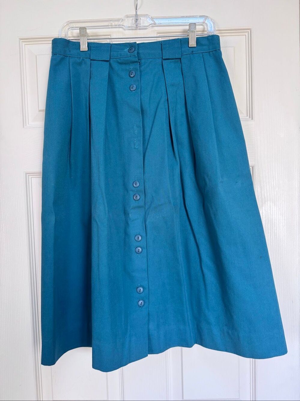 Siblings vintage 50s button up retro A-line small emerald blue skirt cotton plea